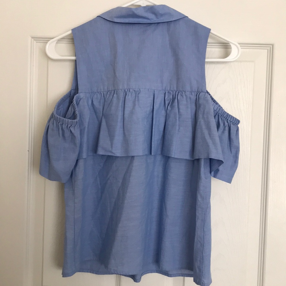 Off Shoulder Ruffle Button Collar Blouse Blue - Picture 5 of 5